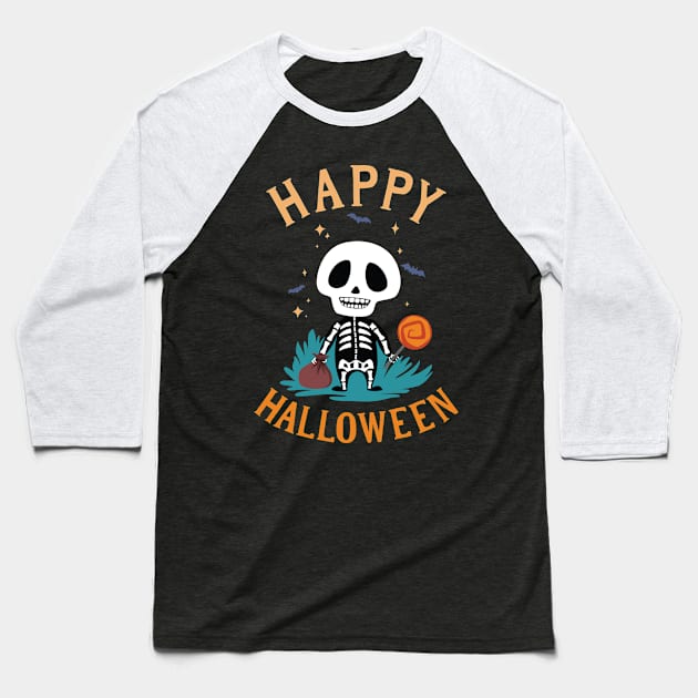 Trick or Treat Skeleton Friend Baseball T-Shirt by machmigo